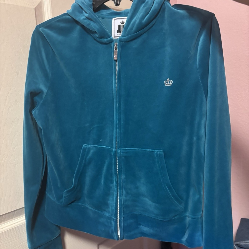 Juicy By Juicy Couture Turquoise Bling Logo  Zip Up Velour Track Hoodie Size M